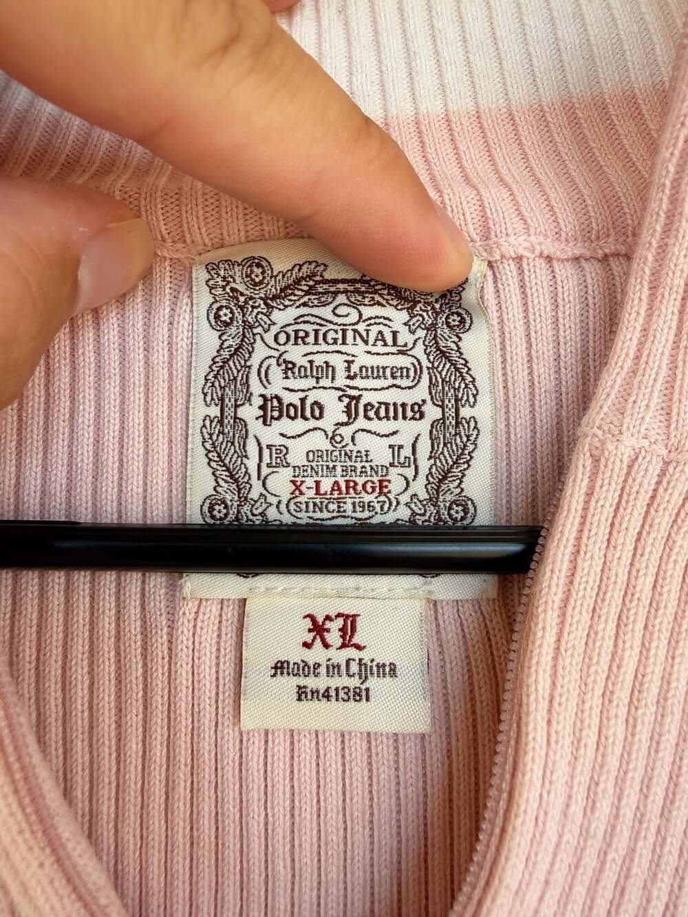 Vintage Ralph Lauren Polo Jeans Co. Quarter-Zip Ribbed Sweater Pink XL - Picture 4 of 5